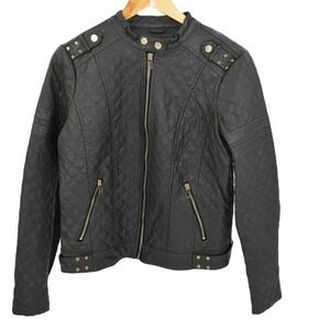 Coffee shop Womens Black Quilted Moto Jacket Studded Shoulder Zip‎ Up